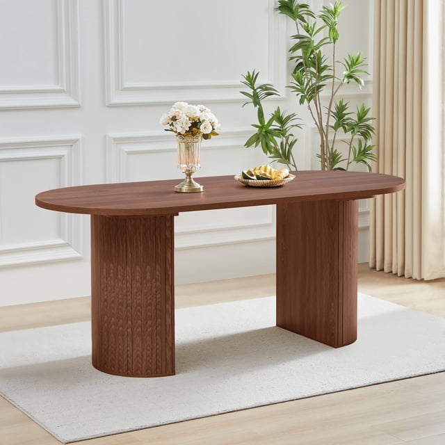 Oval dining table for 6 with semi-circular legs, featuring a walnut finish and wooden strip base. The table measures 70.8 inches in length and comfortably seats 4-6 people. Designed with smooth corners for safety and crafted from high-quality MDF board with an 18-inch thick tabletop. Ideal as a kitchen table, dining room table, or office conference table, complementing rustic farmhouse and modern decor styles.