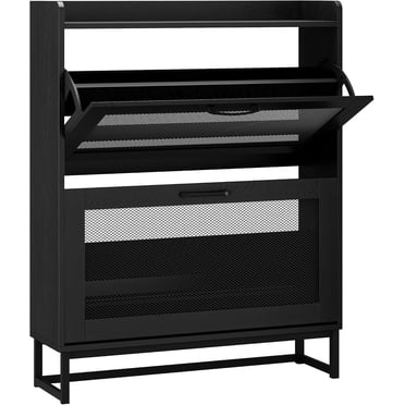 Toytexx 2-Tier Black Metal Mesh Shoe Cabinet with Flip Drawers and Adjustable Shelves, Narrow Waterproof Rack
