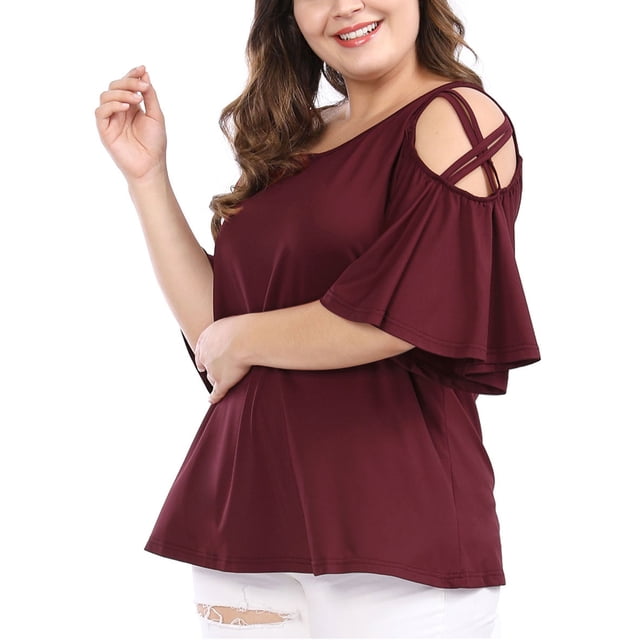 Agnes Orinda Blouse d'Été à Bretelles à Épaules Dénudées à Manches Trompette pour Femme Grande Taille2X Rouge
