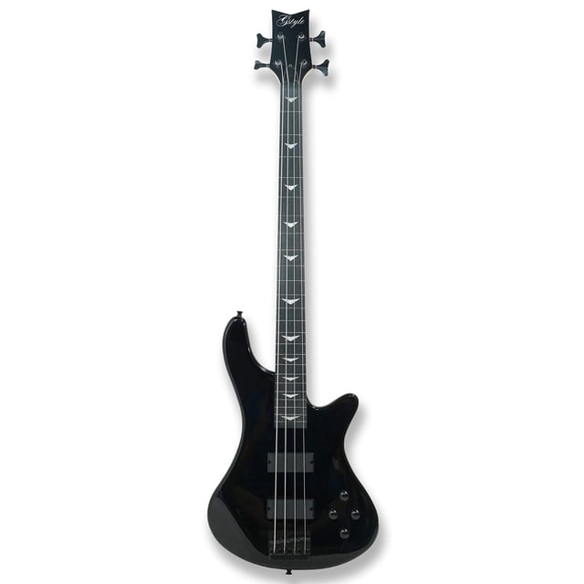 4 String Black Fretless Electric Bass Guitar with a bolt-on maple neck and poplar body. Features a composite ebony fingerboard with 24 fret markers and inlays, black die-cast machine tuners, and soap bar pickups. Includes 2 volume and 2 tone controls, side markers, and strap hangers. Overall length is 43 inches, scale length is 34 inches, and nut width is 1 5/8 inches. Designed for bass enthusiasts with Belcat BJ-80-4 pickups offering passive and active modes.