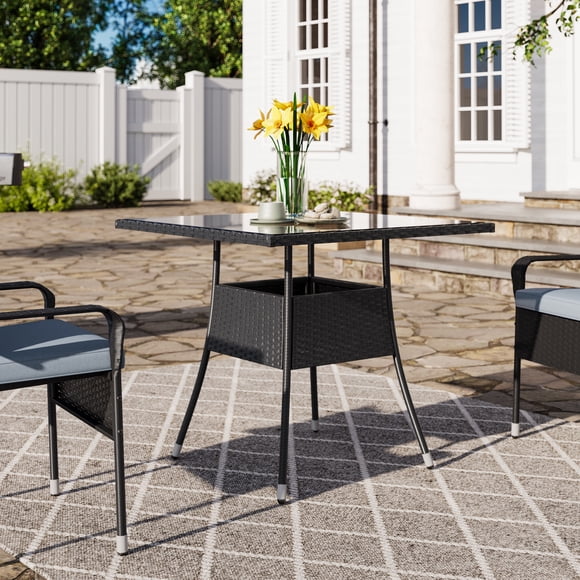 CorLiving Parksville Resin Wicker and Steel Square Outdoor Dining Table with Glass Top, Black