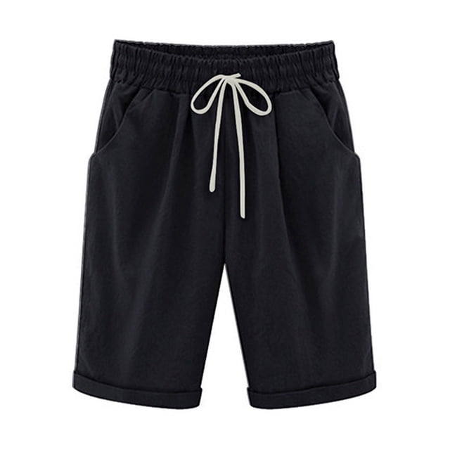 Pisexur Womens Shorts Cotton Linen Drawstring Solid Color Gym Workout Shorts Summer Comfy Elastic Waisted Shorts Plus Size Lounge Shorts Casual Beach Knee Length Shorts with Pockets,S-6XL