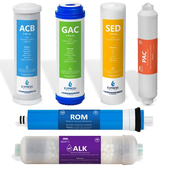 Express Water – 6 Month Alkaline Reverse Osmosis System Replacement Filter Set – 6 Filters with 100 GPD RO Membrane – 10 inch Size