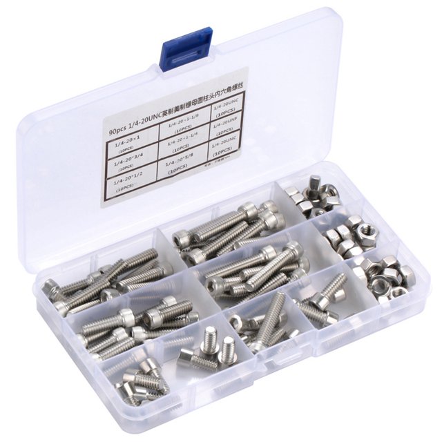 90pcs Hexagonale Vis de Tête de Douille, 1/4-20UNC en Acier Inoxydable Hexagonal Tête Vis Kit d'Assortiment avec Étui de Rangement