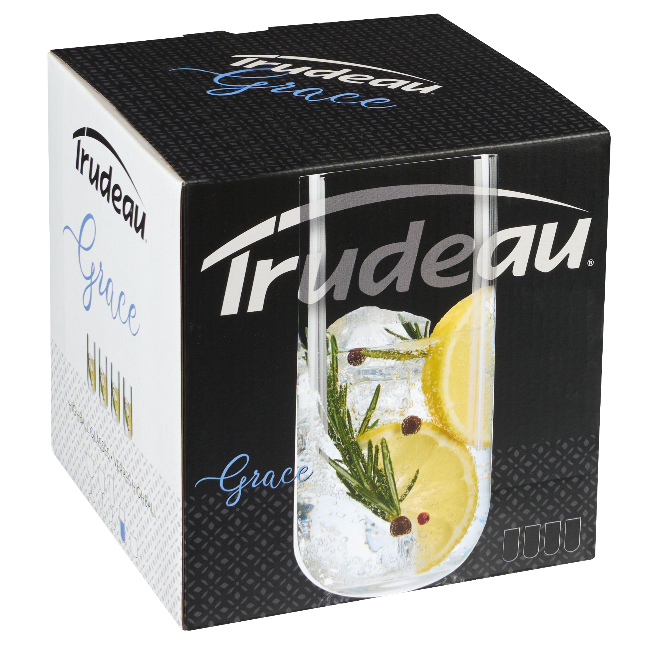 Trudeau Grace Lead-Free Crystalline Highball Glasses 15oz, Set of 4, Made in Europe
