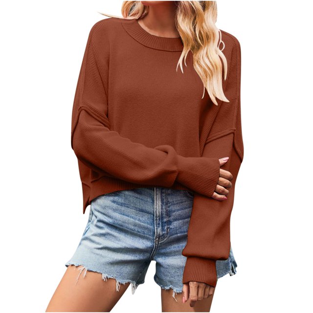 Timegard Women's Sweaters Cropped 2024 Fall Winter Sweater Long Sleeve Pullover Side Slit Knit Tops
