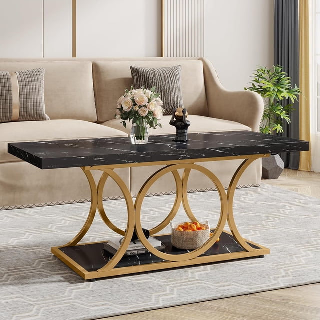 47.24-inch Coffee Table, Rectangle 2-Tier Faux Marble Wood Coffee Tables with Geometric Metal Legs