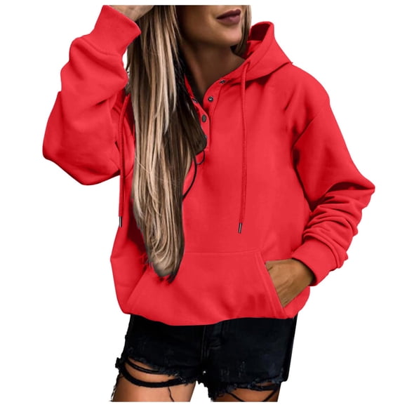 Aocisk Women's Casual Solid Color Hooded Sweatshirt with Strap Long Sleeve Loose Pullover Top for Comfortable and Streetwear Style Red L