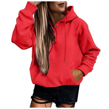 Aocisk Women's Casual Solid Color Hooded Sweatshirt with Strap Long Sleeve Loose Pullover Top for Comfortable and Streetwear Style Red M