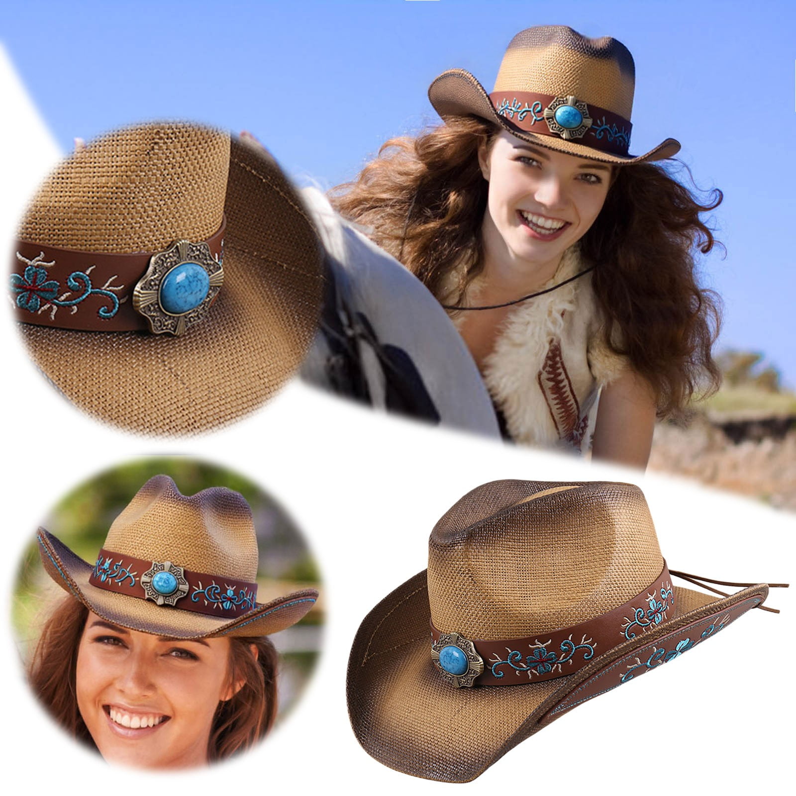 Straw Cowboy Hat with Wide Brim - Medium Size for Adults Summer Western Hat Adult Casual Solid Summer Western Fashion Cowboy Sun Hat  main image 4