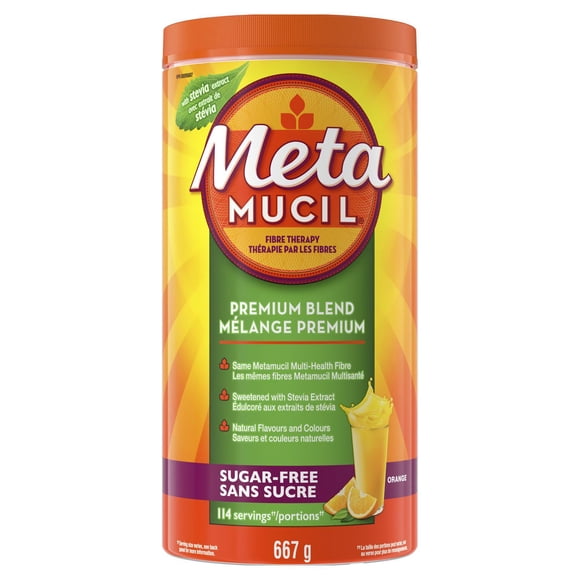 Metamucil Mélange premium quotidien de fibres haut de gamme en poudre, Sans sucre avec stévia, Saveur d’orange, 114 portions, 4 en 1 bienfaits multisanté, à base de plantes, enveloppe de psy