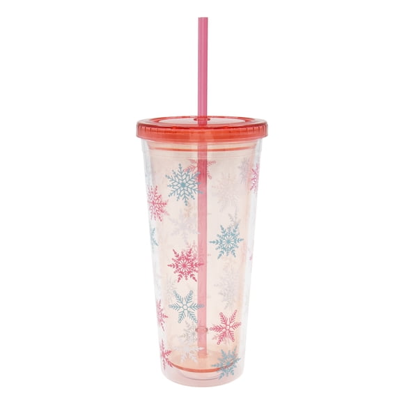 Gobelet à double paroi Holiday Snowflakes avec paille rouge et couvercle, rose, 21,5 oz, par Holiday Time