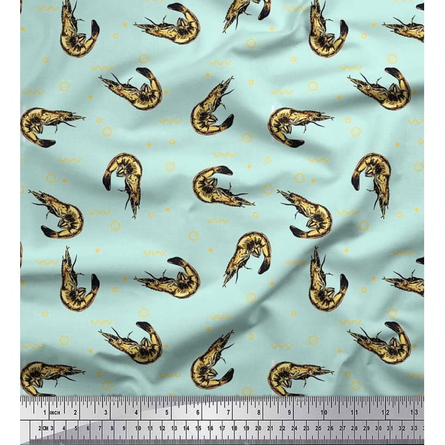 Soimoi Rayon Fabric Circle,Dot & Prawns Ocean Printed Fabric 1 Yard 56 Inch Wide