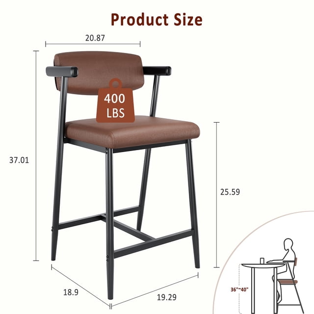 AKDSteel Bar Stools Set of 2, featuring adjustable swivel functionality and upholstered faux leather seats in a warm rustic brown. Each stool measures 19.29 inches in length, 18.9 inches in width, and 37.01 inches in height, with a cushion height of 25.59 inches. Designed with ergonomic backrests, armrests, and built-in footrests for superior comfort and lumbar support. The sturdy metal frame supports up to 400 lbs and includes an 'H' structure for added stability. Ideal for kitchen islands, breakfast bars, or dining areas, these stools are waterproof, stain-resistant, and easy to assemble. Suitable for various settings, blending functionality and timeless style.