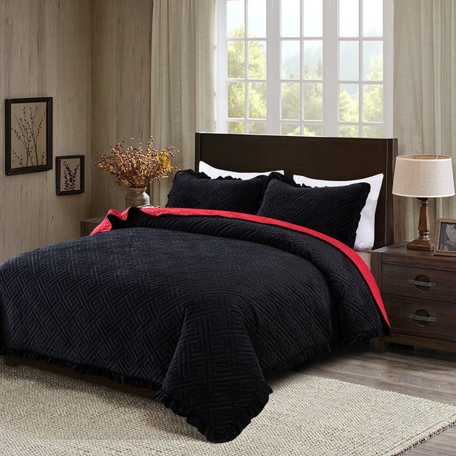 JML Velvet Quilt Set Twin Size 2 Pieces, Soft Velvet Diamond Pattern Bedspread Coverlet Quilted Bedding Set, with 1 Pillow Sham,Black