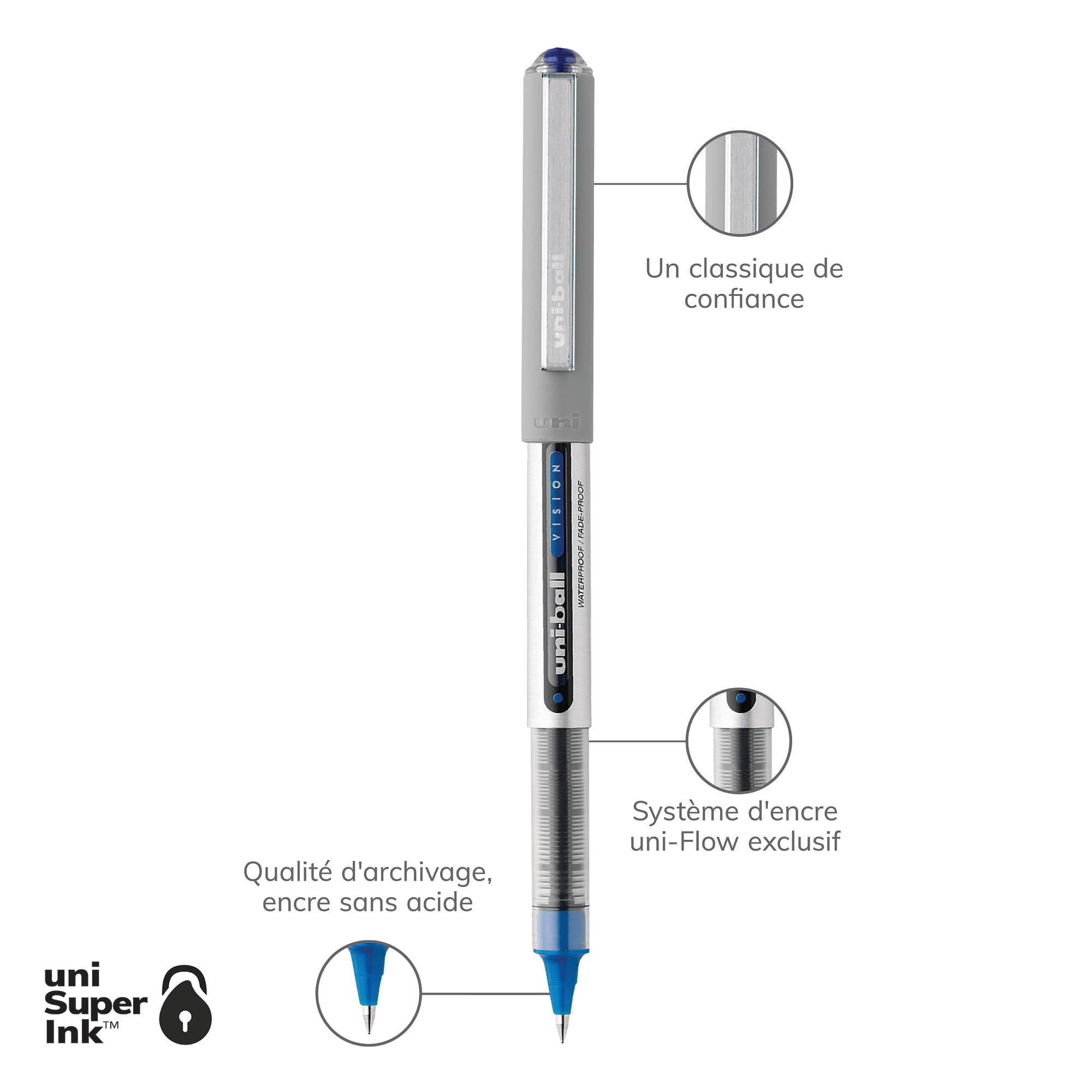 Stylos roller Uniball™ Vision, pointe fine (0,7 mm), bleu, lot de 4