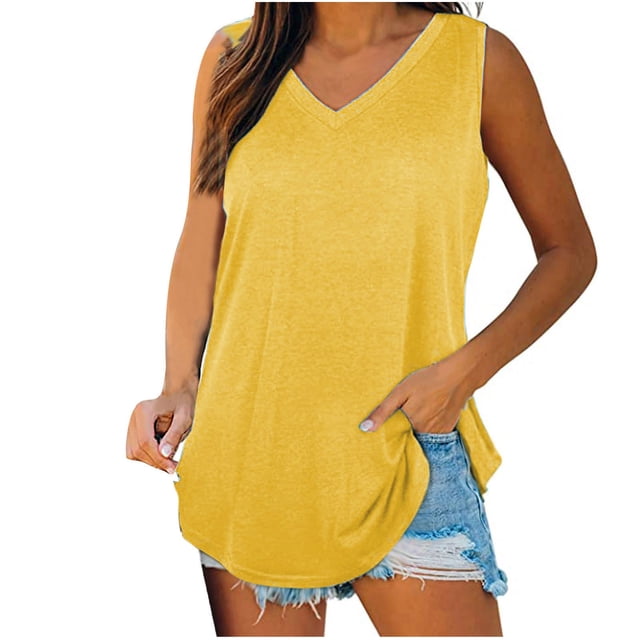 AherBiu Womens Tank Tops V Neck Basic Solid Color Tops Flowy Loose Fitted Summer Sleeveless Camis Shirts