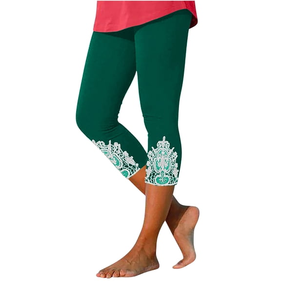 AherBiu Capri Leggings for Women Lace-Hem High Waisted Stretchy Comfy Bottom Legging Capris Pants