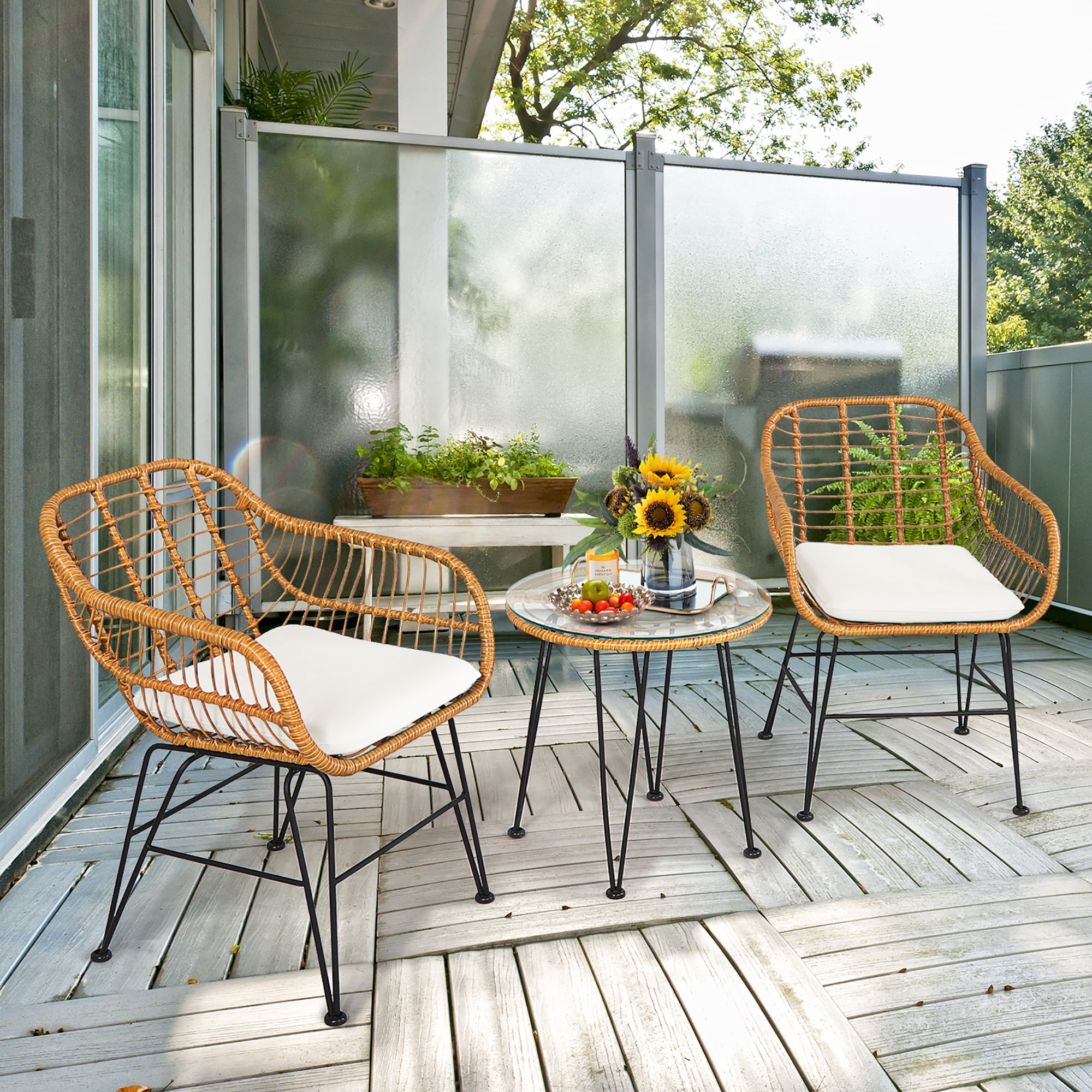 Costway 3PCS Patio Rattan Bistro Furniture Set Cushioned Chair Table White