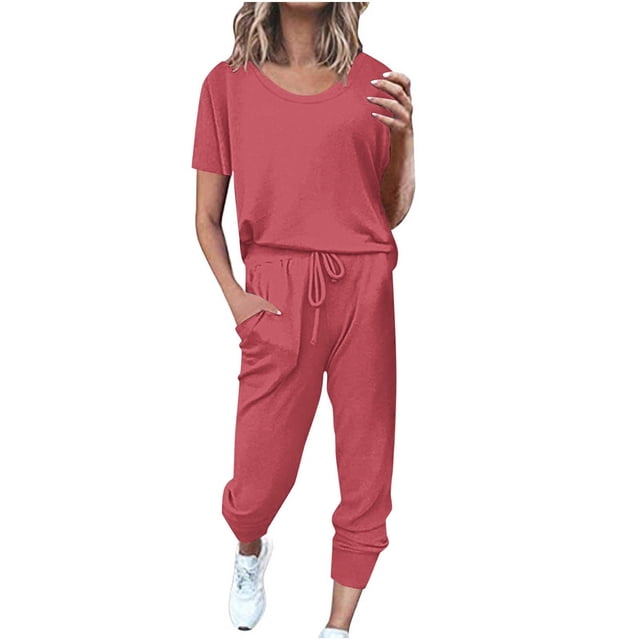 Yuyuzo Womens Workout Sets 2 Piece Short Sleeve Crew Neck T-Shirts Drawstring Jogger Pants with Pockets
