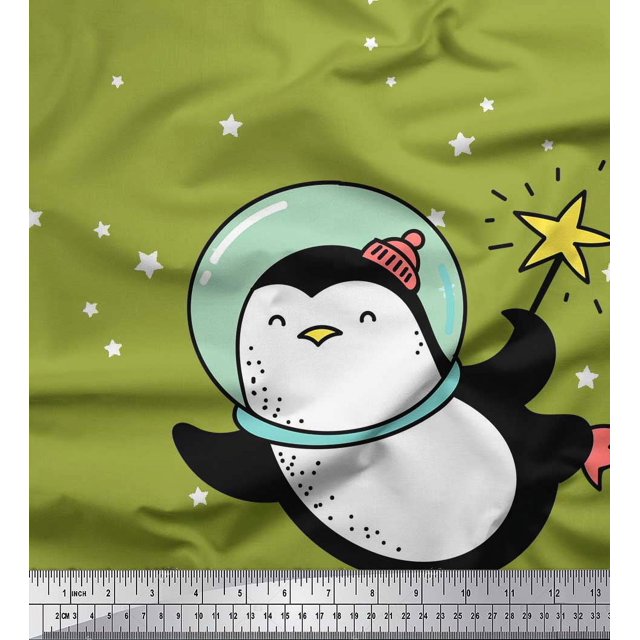 Soimoi Green polyester Crepe Fabric Snowman & Penguin Cartoon Print Sewing Fabric Yard 42 Inch Wide