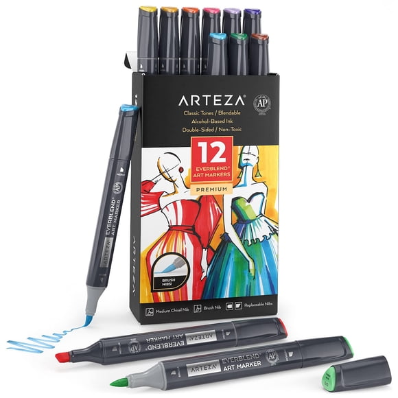 ARTEZA Alcohol Brush Markers Set of 12 Colors EverBlend Classic Tones Medium Chisel and Brush Nib Dual Tip Markers for Drawing and Sketching
