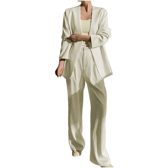 Timegard 2 Piece Suits Set for Women Button V Neck Open Front Jackets Business Office Wide Leg Pant Blazer Outfits