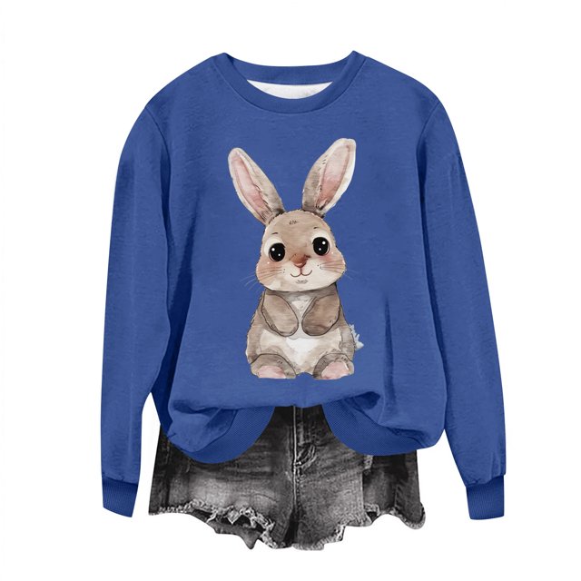 Penkiiy Chemises de Pâques pour Femmes 2024 Manches Longues Mignon Lapin Col Rond Chandail en Molleton Graphique Lapin Décontracté Été Blouse Tunique Hauts TG Bleu