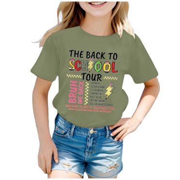 AJIWYH Girls Short Sleeve Uniform Shirts,Children's School Season Printed Short Sleeved Round Neck T Shirt,Short Sleeve Polo Shirts for Girls for 10-11 Years,Light Green