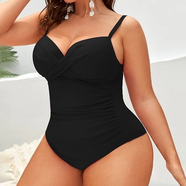 TXGREN Plus Size Swimsuit for Women Women Plus Size Solid Color Bikini Ruched Detail Underwire Removable Padded Cups Plus Size Bathing Suit for Women Black+Xxl