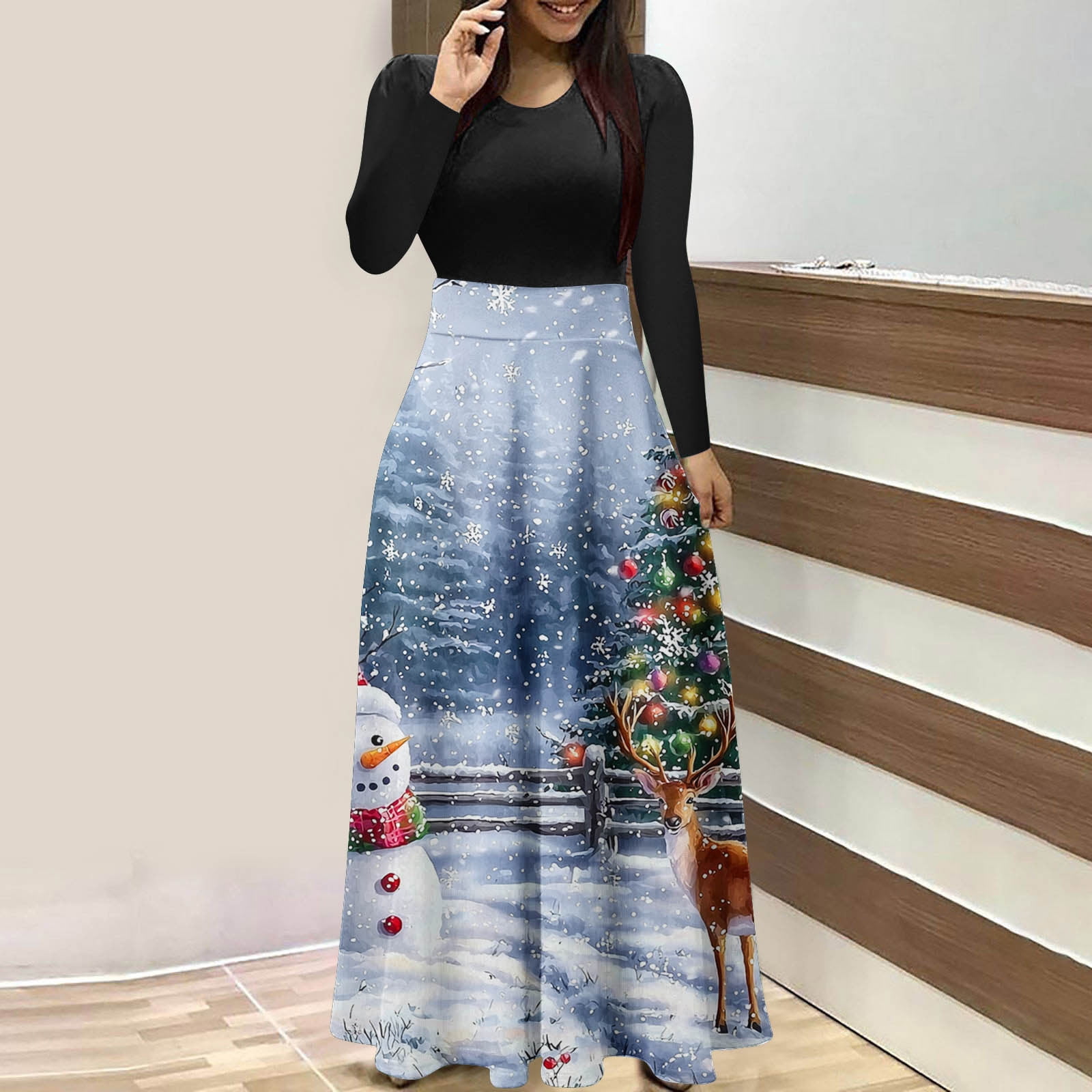 empire waist christmas dress Ailaofu Dresses for Women Long Sleeve Xmas Tree Snowflake Graphic Print Holiday Party Long Maxi Obeeii Women Boho Dresses Color:Brown Plaid PRIVATE SALE APRIL 2026 Bridesmaid dress Strapless Mini Dress Tiered