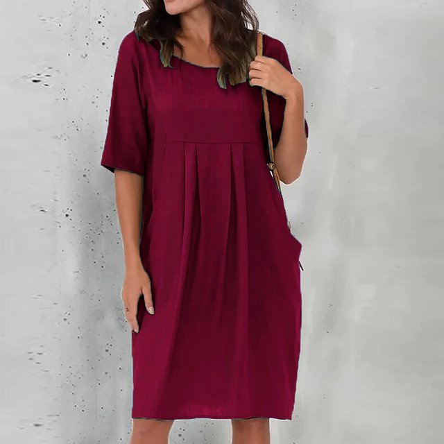 Plus Size Cotton Linen Dresses for Women Short Sleeve Summer Pleated Midi Dress with Pockets