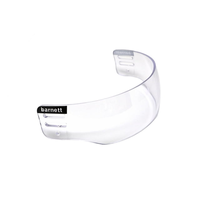 Barnett Hockey V300 Visière en Polycarbonate de Lexane avec un design Clair et Incurvé. Dotée d'Un Revêtement Antibuée et Anti-Rayures pour la Clarté et la Durabilité. Compatible avec les Casques pour Jeunes et Adultes, Offrant un Ajustement Universel et une protection Maximale du Visage et des Yeux. Comprend une Quincaillerie de Montage pour un Assemblage Facile.