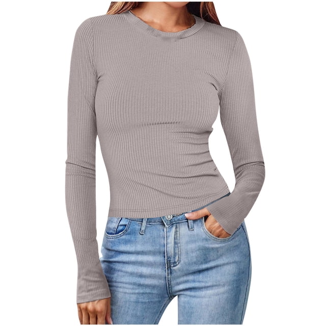 Timegard Hauts pour Femmes Col Ras du Cou Manches Longues Confortables Couleur Unie Camisoles Automne Décontracté Ajusté T-Shirts Hauts