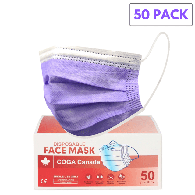 COGA Canada Violet Lot de 50 Masques Jetables 3 Épaisseurs pour le Visage, Non Médicaux et Non Chirurgicaux, Présentant une Édition Spéciale de Couleur Violette. les Masques Sont Fabriqués avec Trois Couches : une Couche Externe Hydrophobe Non Tissée, une Couche Soufflée Mi-Fondante et une Couche Intérieure Douce et Absorbante Non Tissée. Conçus pour un Confort Ultime avec une Pince Nasale Ajustable et des Boucles d'Oreilles Douces. Emballés dans une Boîte de 50 Masques, Affichés sur une Boîte de Marque COGA Canada avec un Étiquetage de Produit Clair