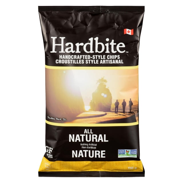 Hardbite Hardbite Chips Croustilles de Pommes de Terre Cuites à la Marmite Entièrement Naturelles Sac de 150 g avec Emballage Noir et Jaune Présentant une photo de Coucher de Soleil du Parc Stanley, C.-B. avec des silhouettes de Personnes Marchant, Sans gluten, Vérifié non-OGM, style Artisanal, Fait Sans Ingrédients Artificiels.