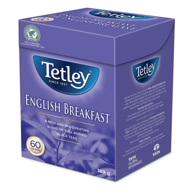 Tetley English Breakfast black tea box containing 60 tea bags, featuring a rich and invigorating blend of full-bodied black teas from Africa and India, with purple-blue packaging and Rainforest Alliance Certified logo, weighing 189 grams, ideal for breakfast or any time of day.