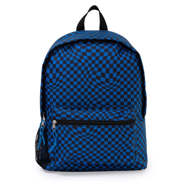 Jetstream Sac à Dos pour Enfants, Sac à Dos d'École en polyester à Carreaux Bleu et Noir avec Motif Ondulé. Il Comprend une Poche avant Zippée avec Poignées Bleues, une Poche Latérale en Maille, des Bretelles Rembourrées et une Poignée à Boucle de Transport. Convient à l'École et à l'Usage Quotidien.