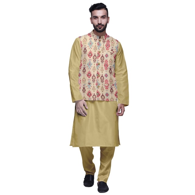 Atasi Ethnic Dupion Silk Kurta Pyajama Set With Printed Nehru Jacket For Mens