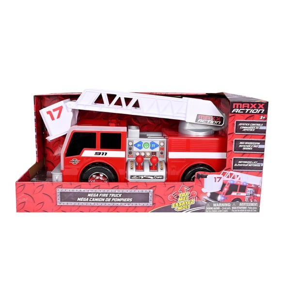 Maxx Action 2-N-1 Firetruck with Joystick Controls, Lights, Siren Sounds, Motorized Movement, and 360° Spinning Ladder