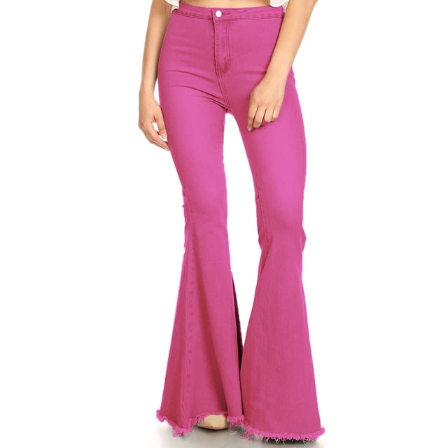 Feinuhan Jeans à Taille Haute à Pattes d'Éléphant pour Femmes, Rouge Rose, Grand
