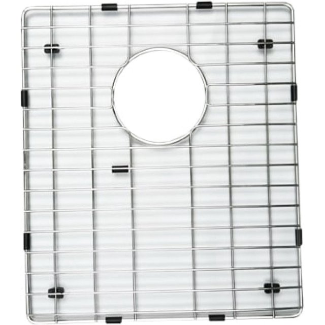 American Imaginations 13-in. W Kitchen Sink Grid AI-34862, a rectangular stainless steel grid with chrome finish and central circular cutout for drop-in installation, featuring black protective bumpers to prevent sink scratches, suitable for kitchen sink organization and protection.