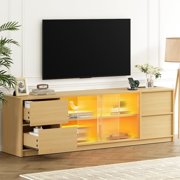 GUNAITO Meuble Télé pour Téléviseurs jusqu'à 75 Pouces, Grand Meuble Télé pour Salon avec 4 Tiroirs et Lumières DEL, Centre de Divertissement avec Rangement, Naturel