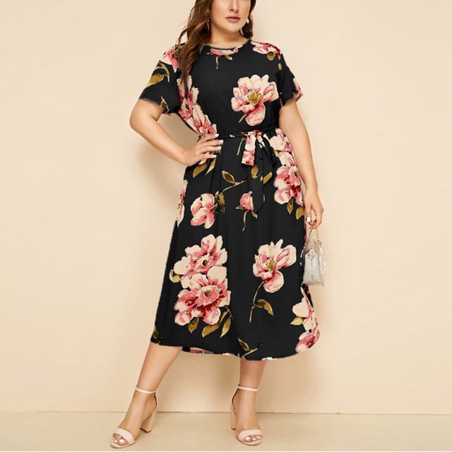 U.Vomade Robe pour Femme Grande Taille Été Plage Taille à Bande Robe à Manches Courtes Col Ras du Cou Oversize Robes Décontractées