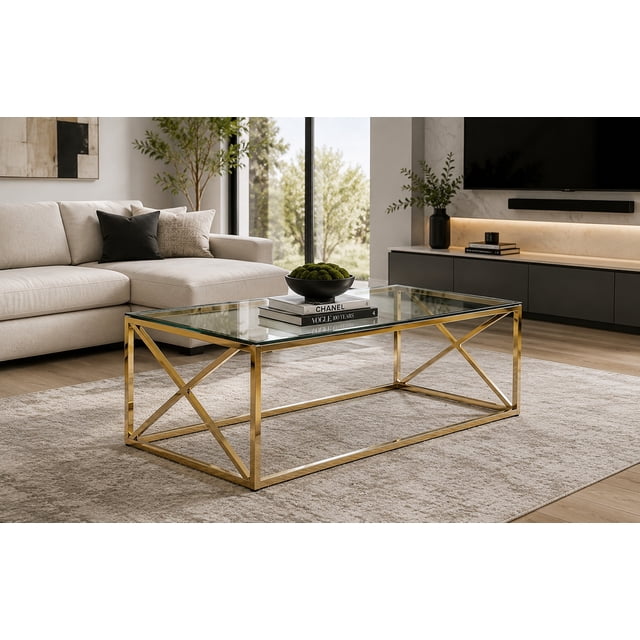 TABLE BASSE K-LIVING PALMA AVEC PLATEAU EN VERRE TRANSPARENT ET BASE EN ACIER INOXYDABLE POLI OR