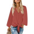 thumbnail image 1 of Women's V Neck Tops Ruffle 3/4 Sleeve Tie Knot Blouses Button Down Shirts - RED, 1 of 3