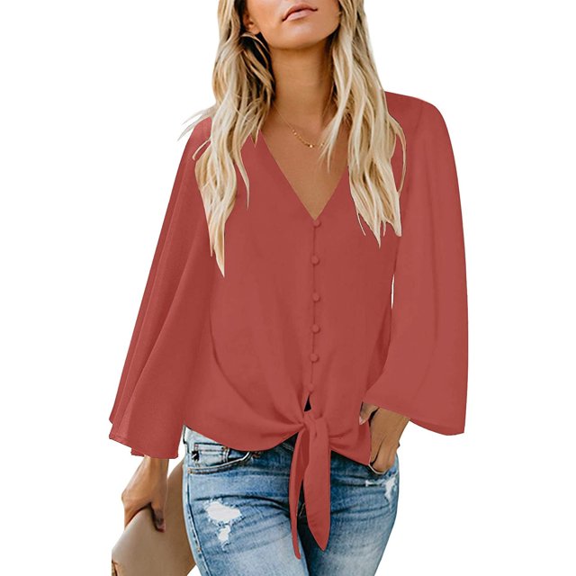 Women's V Neck Tops Ruffle 3/4 Sleeve Tie Knot Blouses Button Down Shirts - RED