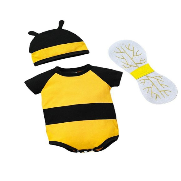 Déguisement d'Abeille pour Nouveau-Né, Barboteuse Abeille à Manches Courtes + Chapeau + Ailes + Ensemble de Chaussettes