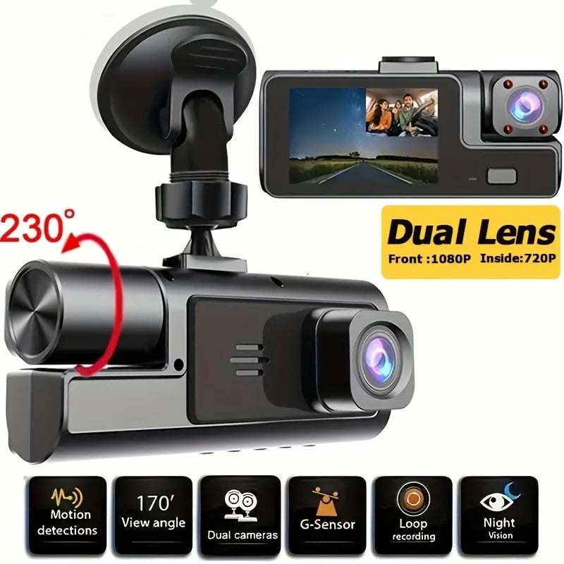 Dashcam features front and rear dual recording, a 1080P front camera and a 720P built-in camera, a 170° wide-angle lens Dash Camera