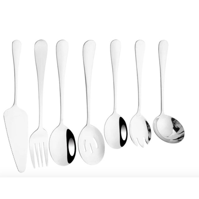 Ensemble d'Ustensiles de Service en Acier Inoxydable Argenté 7 Pcs : Couverts 410 SS Résistants à la Rouille avec Cuillère, Pince à Steak et Outils Polyvalents pour une Cuisine Décontractée Ou Fine – Facile à Nettoyer, Design Élégant
